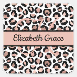 Monogram Name Rose Gold Black Leopard Print Quadratischer Aufkleber