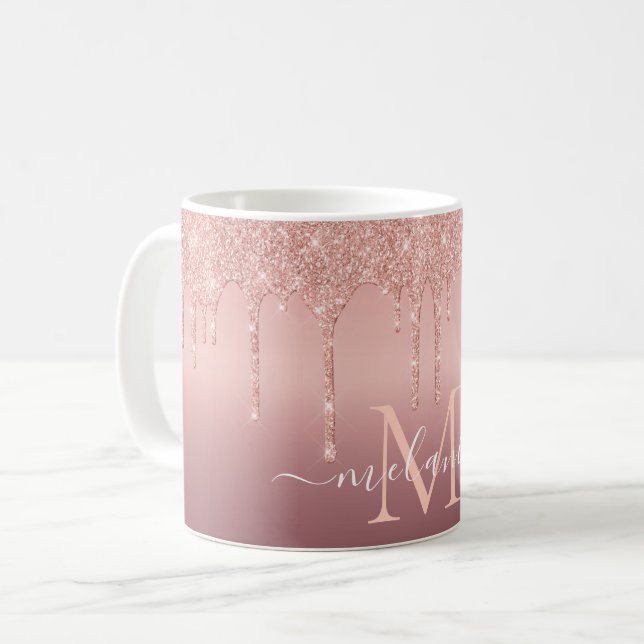 Monogram Name Rose Gold Blush Glitzer Kaffee Tasse (Vorderseite Links)
