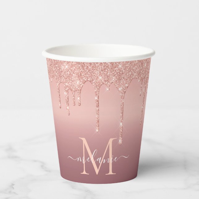 Monogram Name Rose Gold Blush Glitzer Paper Cups Pappbecher (Vorderseite)