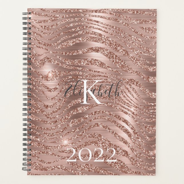 Monogram Name Rose Gold Glitzer Animal Print Planer (Vorderseite)