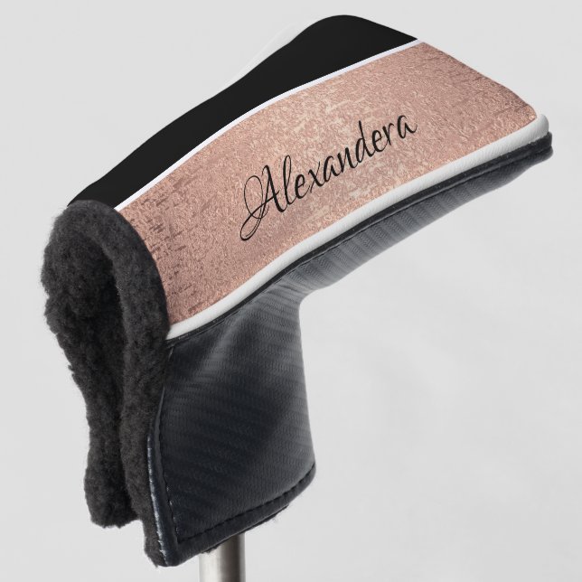 Monogram Name Rose Gold Schwarz-weißes Skript Golf Headcover (3/4 Vorderseite)