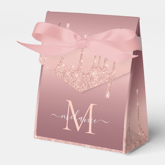 Monogram Name Rosen Gold Blush Glitzer Bevorzugung Geschenkschachtel (Vorderseite)