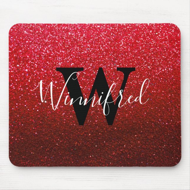 Monogram Name Ruby Red Ombre Glitzer Glitzern Mousepad (Vorne)