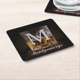 Monogram Name Rustic Whiskey Glass Rechteckiger Pappuntersetzer