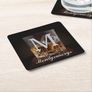 Monogram Name Rustic Whiskey Glass Rechteckiger Pappuntersetzer