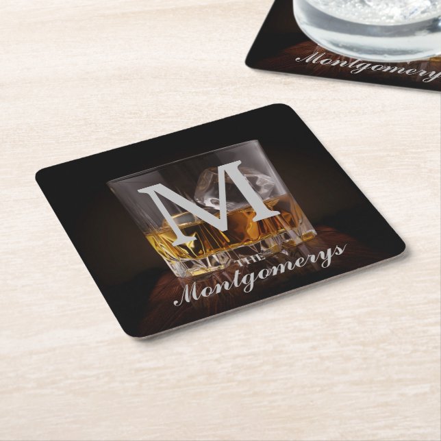 Monogram Name Rustic Whiskey Glass Rechteckiger Pappuntersetzer (angewinkelt)