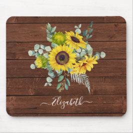 Monogram Name Rustic Wood Yellow Sunflower Mousepad