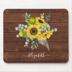 Monogram Name Rustic Wood Yellow Sunflower Mousepad