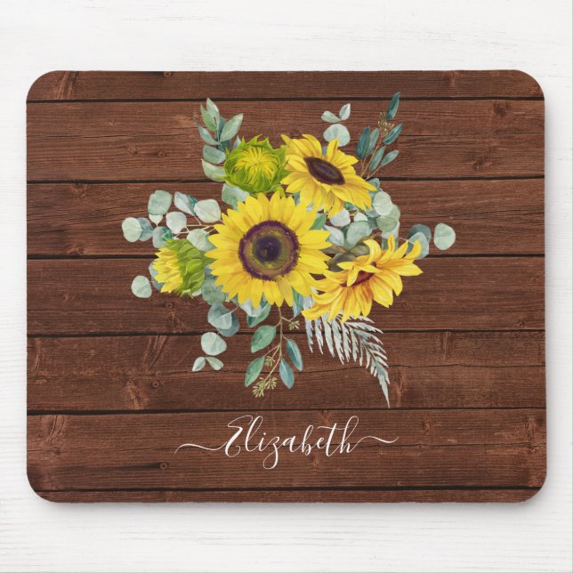 Monogram Name Rustic Wood Yellow Sunflower Mousepad (Vorne)