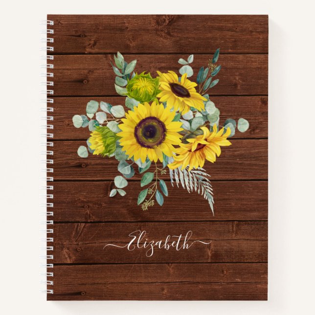 Monogram Name Rustic Wood Yellow Sunflower Notizbuch (Vorderseite)