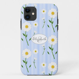 Monogram Name Summer Daisies Muster Blue Stripe Case-Mate iPhone Hülle