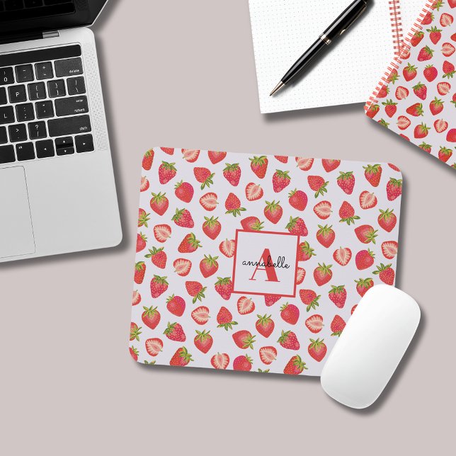 Monogram Name Summer Strawberry Pattern Mousepad (Strawberry mouse mat with monogram and first name. Personalized office desk.)