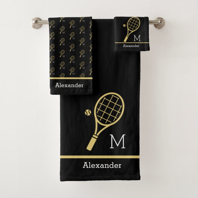 Monogram Name Tennis Racket Ball Gold Black Badhandtuch Set (Insitu)