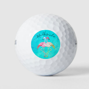 Monogram Name Two Pink Flamingos Golf Balls Golfball