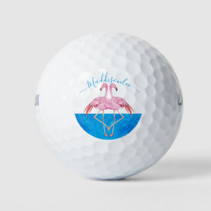 Monogram Name Two Pink Flamingos Golfball