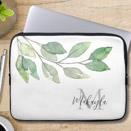 Monogram Name Watercolor Greenery Laptopschutzhülle