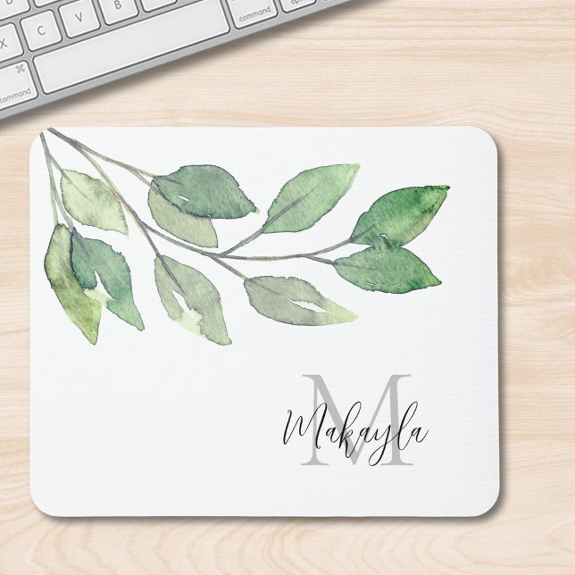 Monogram Name Watercolor Greenery Mousepad (Von Creator hochgeladen)