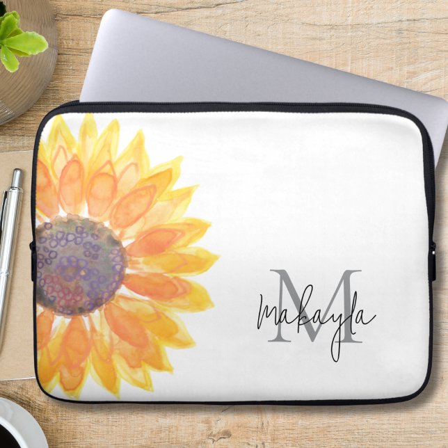 Monogram Name Watercolor Sonnenblume Laptopschutzhülle (Von Creator hochgeladen)
