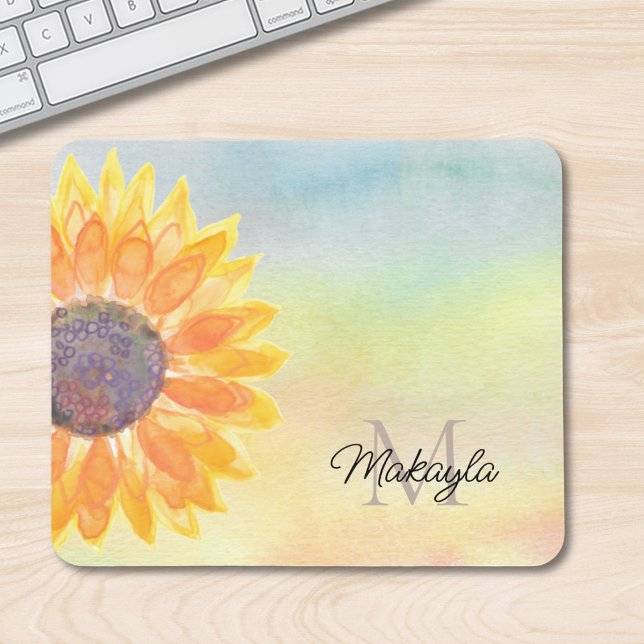 Monogram Name Watercolor Sonnenblume Mousepad (Von Creator hochgeladen)