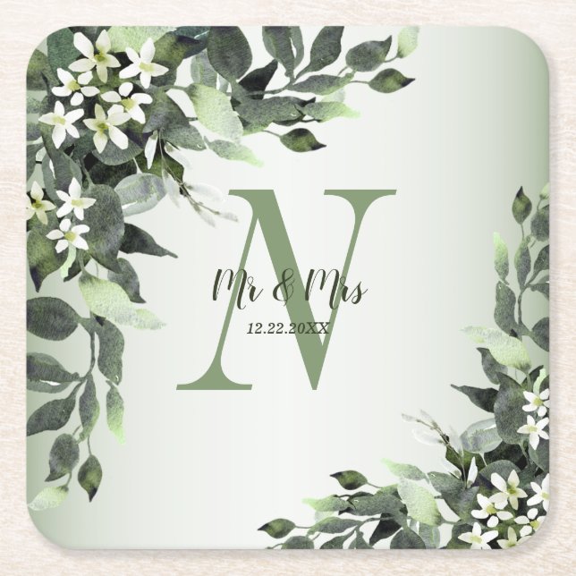 Monogram Name Wedding Greenery Bloral Blätter Rechteckiger Pappuntersetzer (Vorderseite)