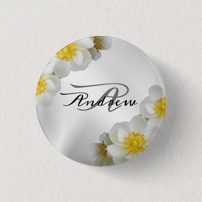 Monogram Name Wedding Party Geschenk florale Weiß Button (Vorderseite)