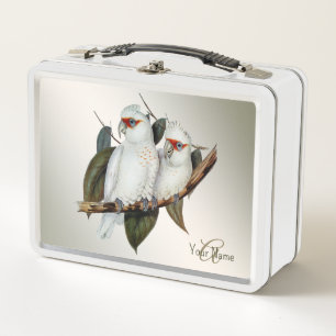 Monogram Name White Birds Cockatoo Green Blätter Metall Brotdose