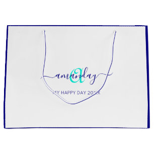 Monogram Name White Blue Bridal Sweet 16. Wedding Große Geschenktüte