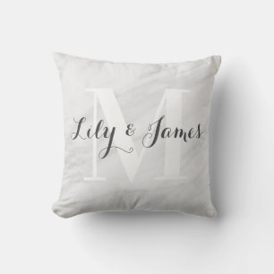 Monogram Name White Gray Marble Wedding Keepake Kissen