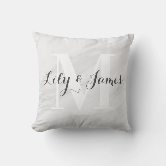 Monogram Name White Gray Marble Wedding Keepake Kissen (Vorderseite)
