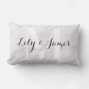 Monogram Name White Gray Marble Wedding Keepake Lendenkissen