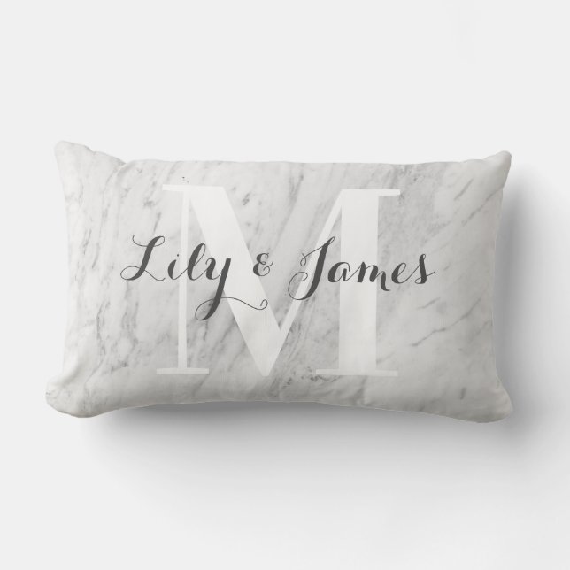 Monogram Name White Gray Marble Wedding Keepake Lendenkissen (Vorderseite)