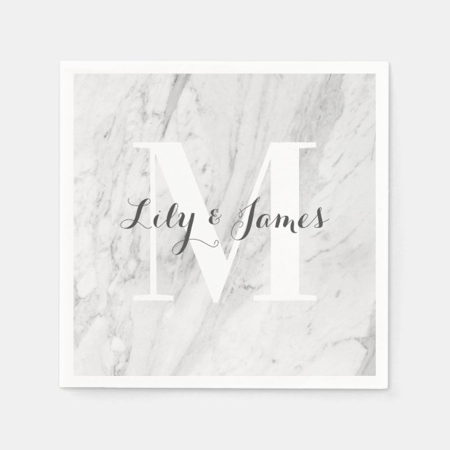 Monogram Name White Gray Marble Wedding Keepake Serviette (Vorderseite)