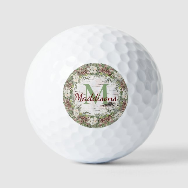 Monogram Name Winter Woodland White Rose Pine Cone Golfball (Vorderseite)