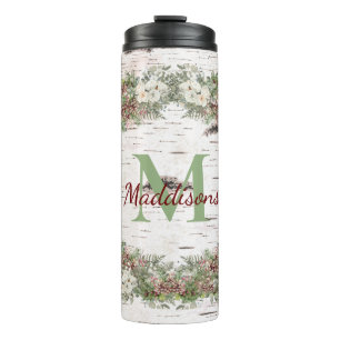 Monogram Name Winter Woodland White Rose Pine Cone Thermosbecher