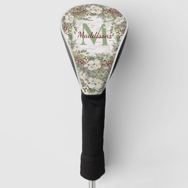 Monogram Name Winter Woodland White Rose Pinecone Golf Headcover (Vorderseite)