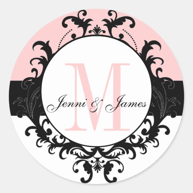 Monogram-Namen für Hochzeiten Damask Pink White La Runder Aufkleber (Vorderseite)