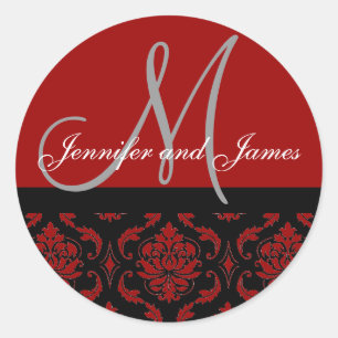 Monogram & Names Damask Burgundy Red Wedding Siege Runder Aufkleber