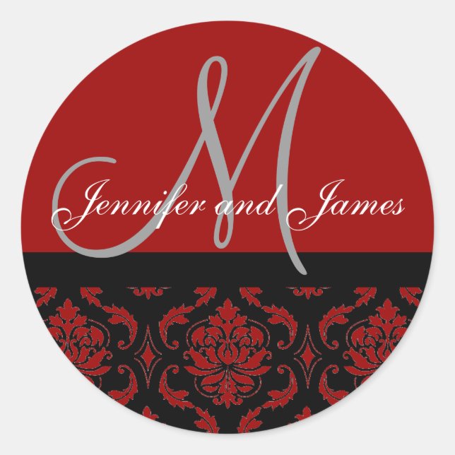 Monogram & Names Damask Burgundy Red Wedding Siege Runder Aufkleber (Vorderseite)