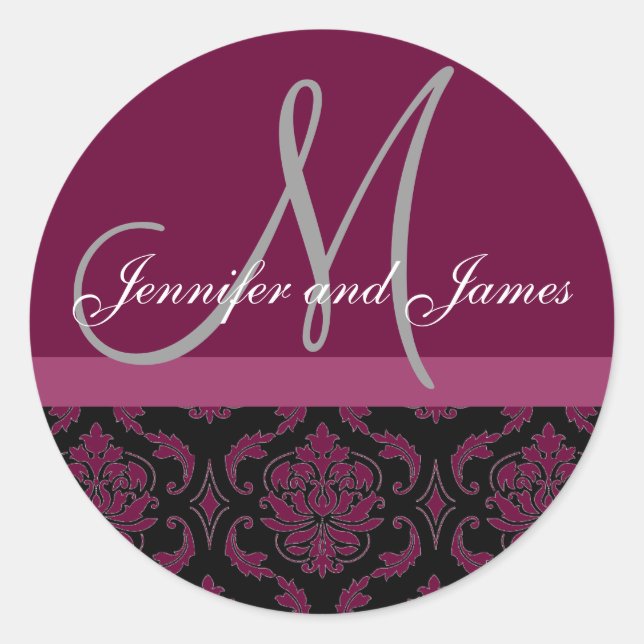 Monogram & Names Damask Wine Gray Wedding Sticker (Vorderseite)