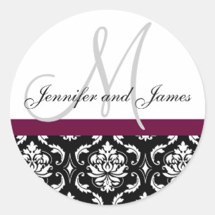 Monogram & Names Damask Wine Wedding Sticker