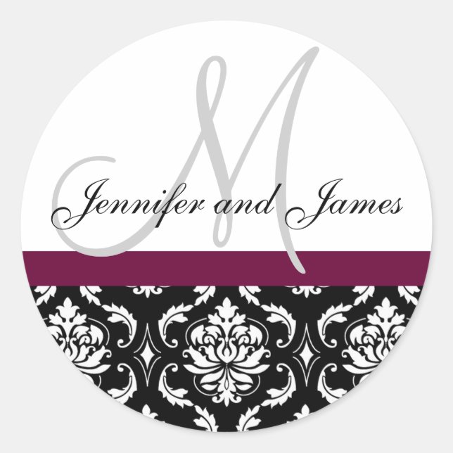 Monogram & Names Damask Wine Wedding Sticker (Vorderseite)