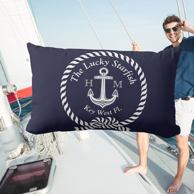Monogram Nautic Boat Name Anchor Rope Navy Blue Kissen (Von Creator hochgeladen)