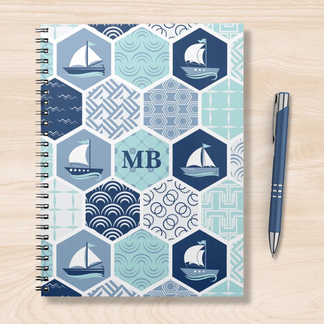 Monogram Nautic Modern Boat Blue Personalisiert Notizblock (Von Creator hochgeladen)