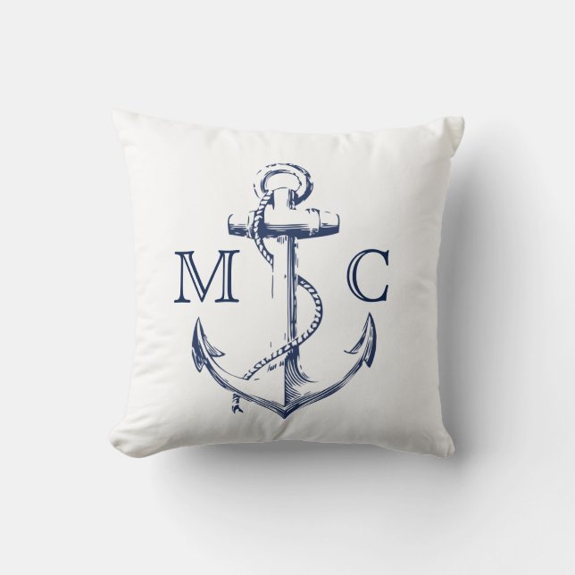 Monogram Nautic Navy + White Sketch Anchor | Kissen (Vorderseite)