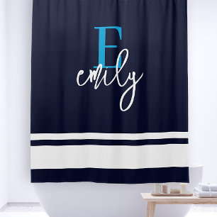 Monogram Nautic Stripes Navy Blue White Duschvorhang