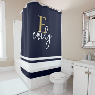 Monogram Nautic Stripes Navy Gold White Duschvorhang