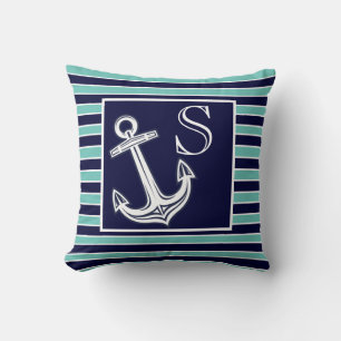  Monogram Nautical Anchor Navy Aquamarine Streifen Kissen