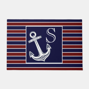 Monogram Nautical Anchor Navy Blue Maroon Streifen Fußmatte