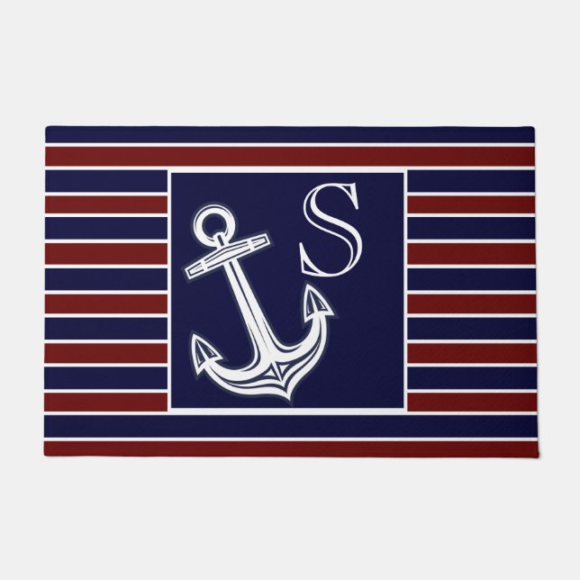 Monogram Nautical Anchor Navy Blue Maroon Streifen Fußmatte (Vorderseite)