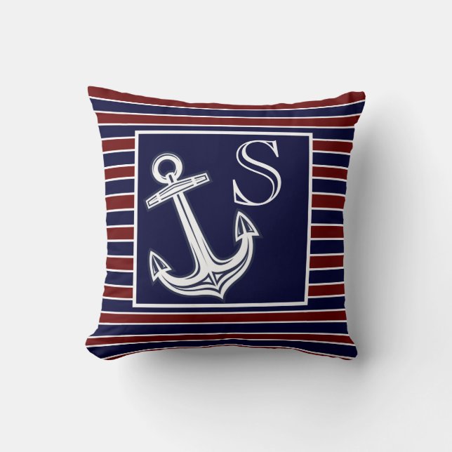 Monogram Nautical Anchor Navy Blue Maroon Streifen Kissen (Vorderseite)